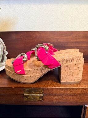 Aerosoles Chance Hot Pink Patent Cork Block Heel Slide Sandals NWOB